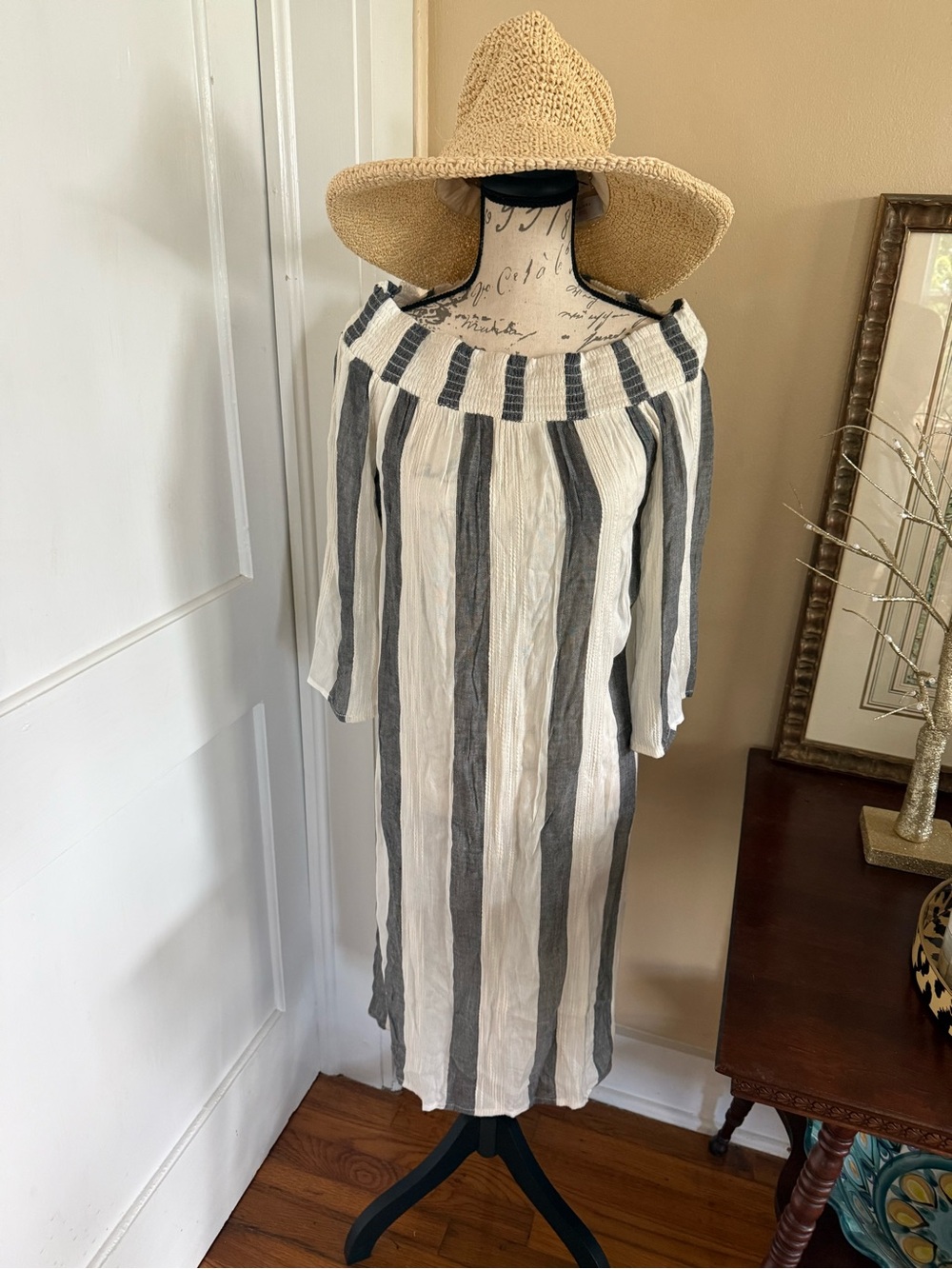 l*space Striped Off-Shoulder Midi Dress in White and Gray